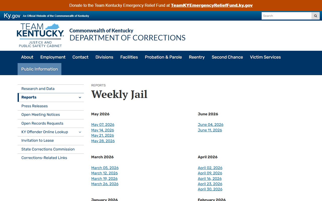 Wayne County inmate population Kentucky DOC weekly jail reports