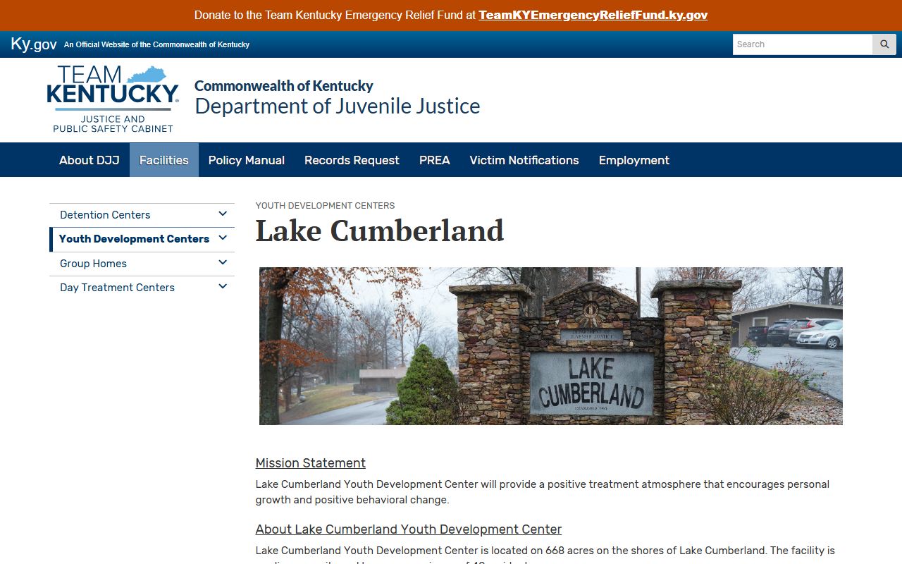 Lake Cumberland Youth Development Center juvenile custody record page